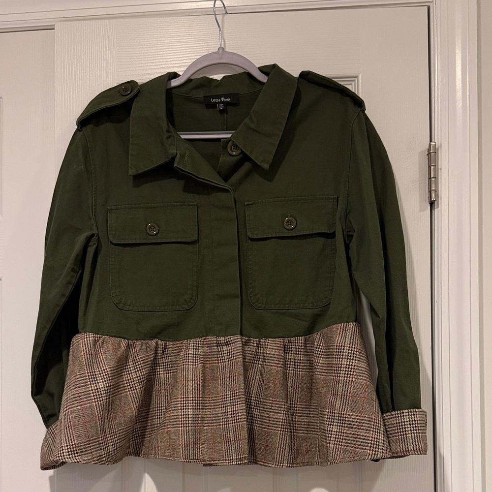 Lea & Viola Olive Green Military Jacket with Plaid Peplum Hem